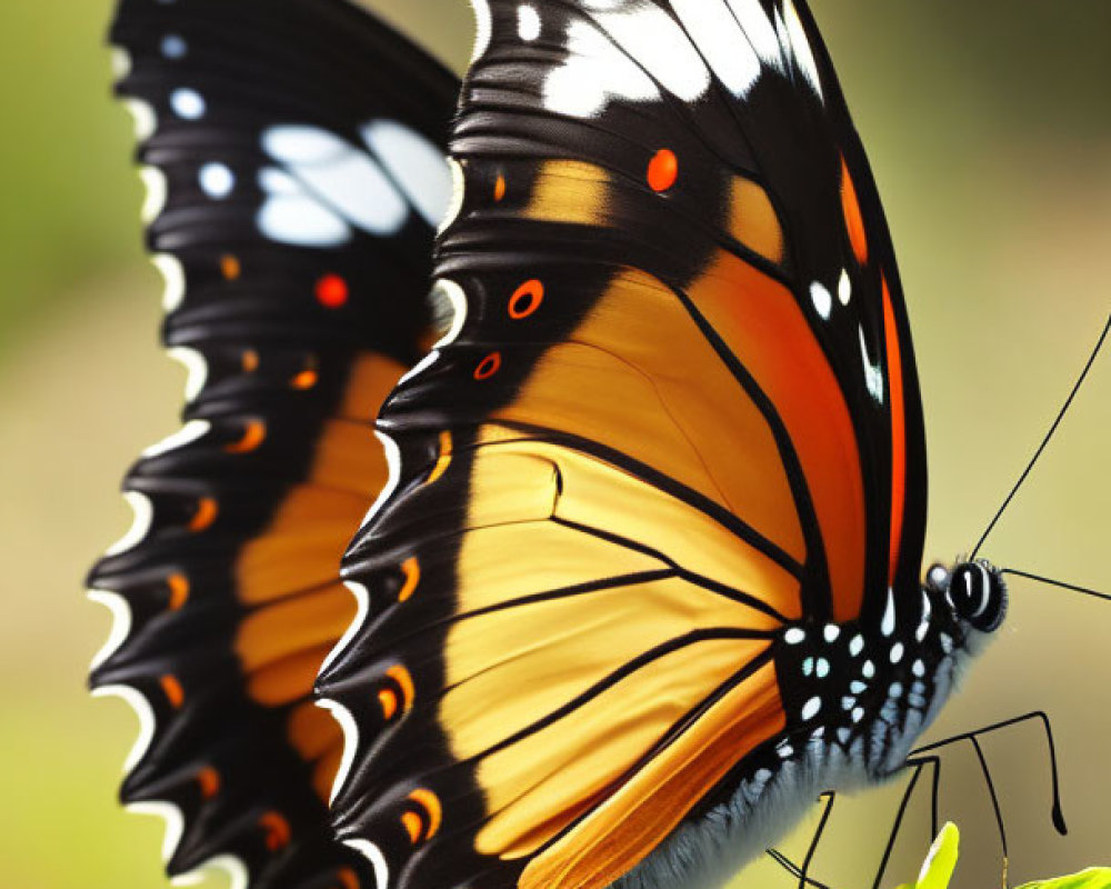 Colorful Butterfly with Orange, Black, and White Wings on Green Leaf