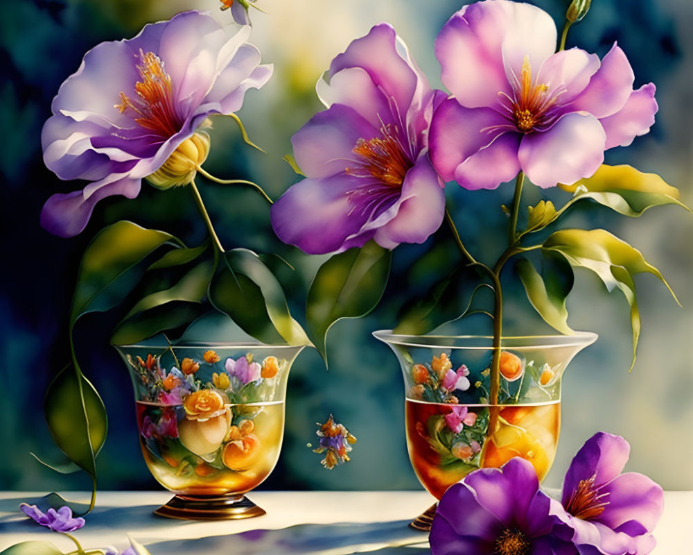 Colorful painting of purple flowers in glass vases with green leaves and bokeh background