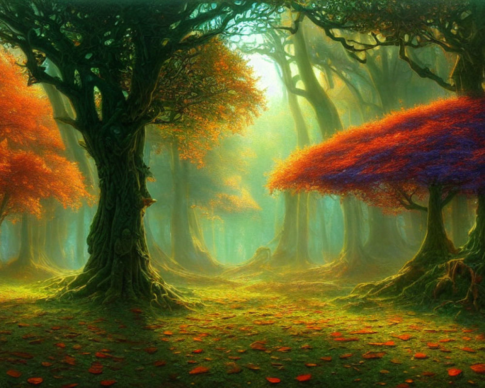 Sunlit Mystical Forest with Vibrant Orange and Blue Foliage