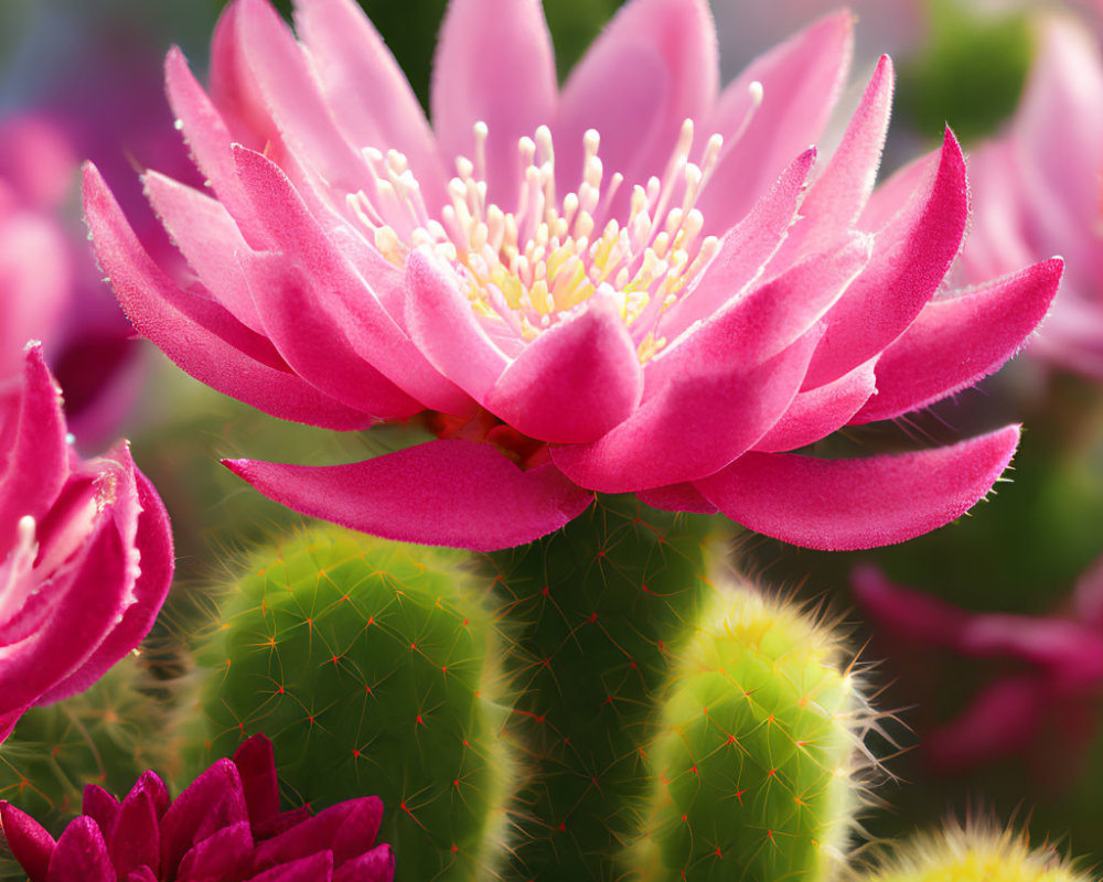 Blooming Pink Cactus Flowers with Yellow Spines on Green Cacti