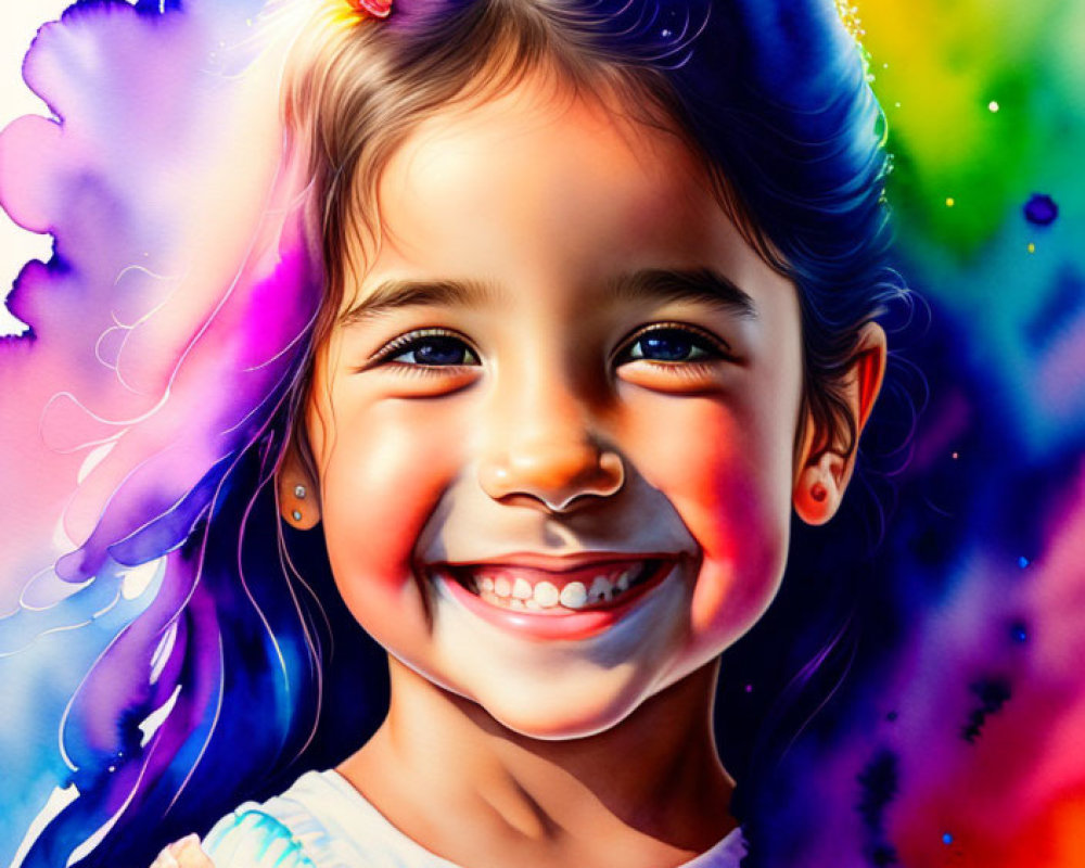 Colorful portrait of smiling girl with rainbow aura and flower pin