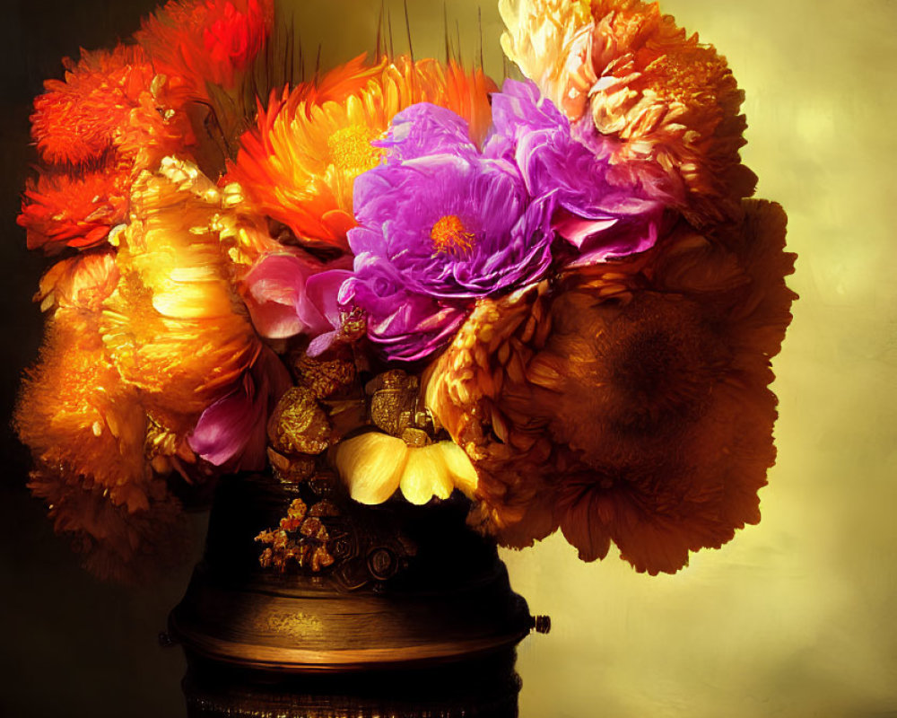 Colorful Flower Bouquet in Ornate Brown Vase on Golden Background