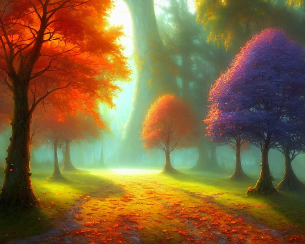 Autumn Forest Path with Vibrant Foliage and Ethereal Light
