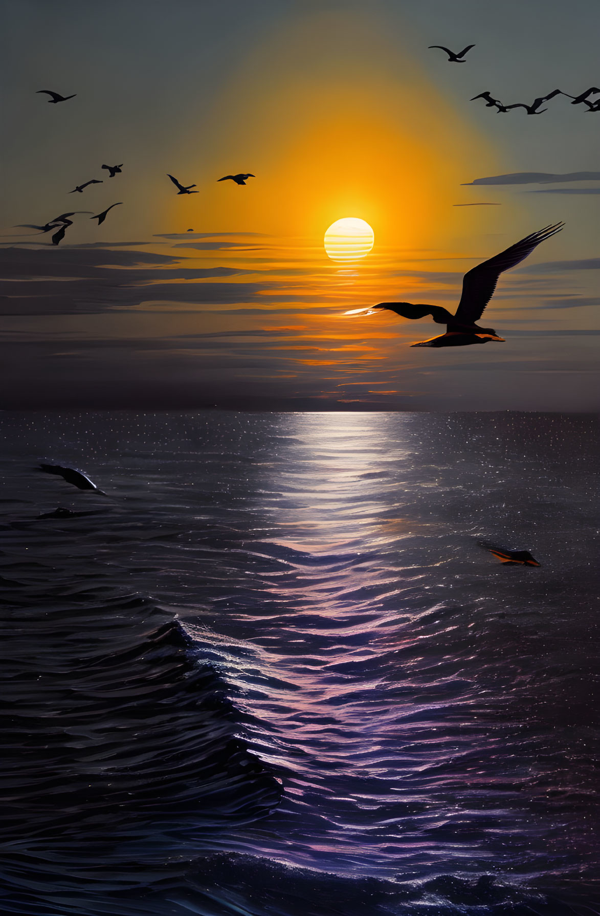 sunset with birds over water