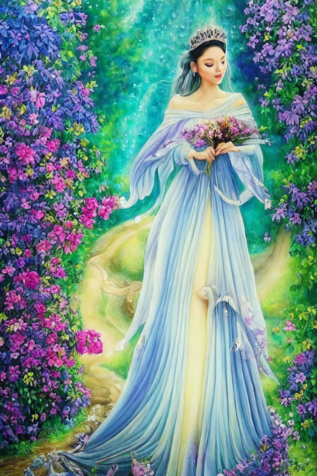 Woman in Blue Gown and Crown in Enchanting Forest with Purple Flowers