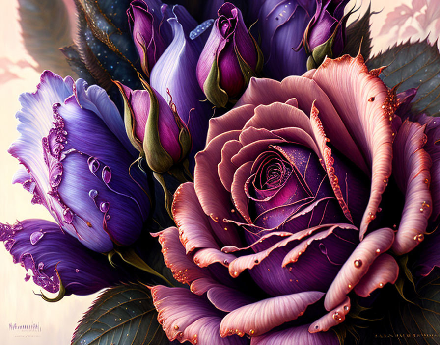 Vibrant purple and maroon roses with water droplets on soft background