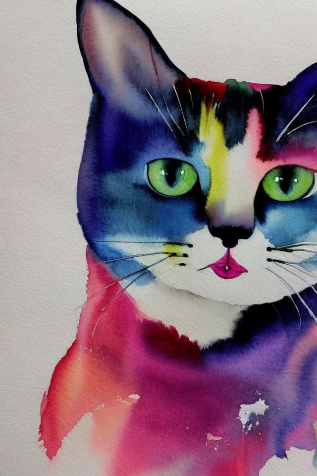 Vibrant Watercolor Painting of a Colorful Cat