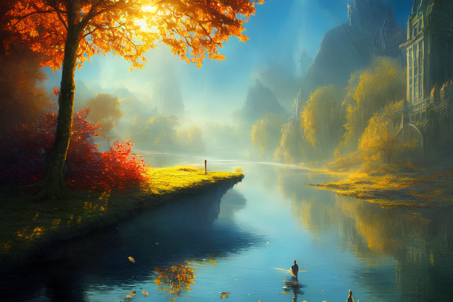 Tranquil autumn landscape with vibrant trees, river, canoe, and castle.
