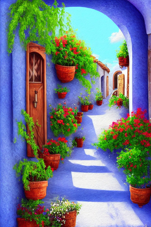 Blue-walled alley with red flowers in terracotta pots on cobblestone path
