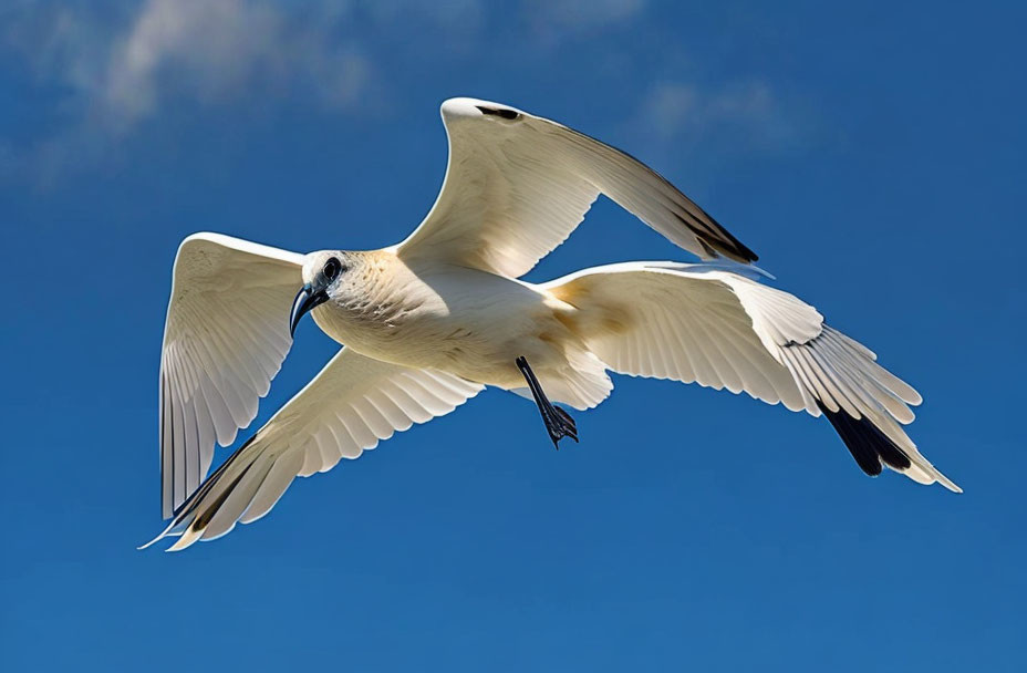 White bird with black-tipped wings gliding in clear blue sky