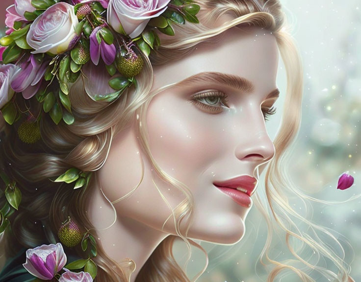 Detailed Digital Artwork: Woman with Floral Crown, Soft Colors, Dreamy Backdrop