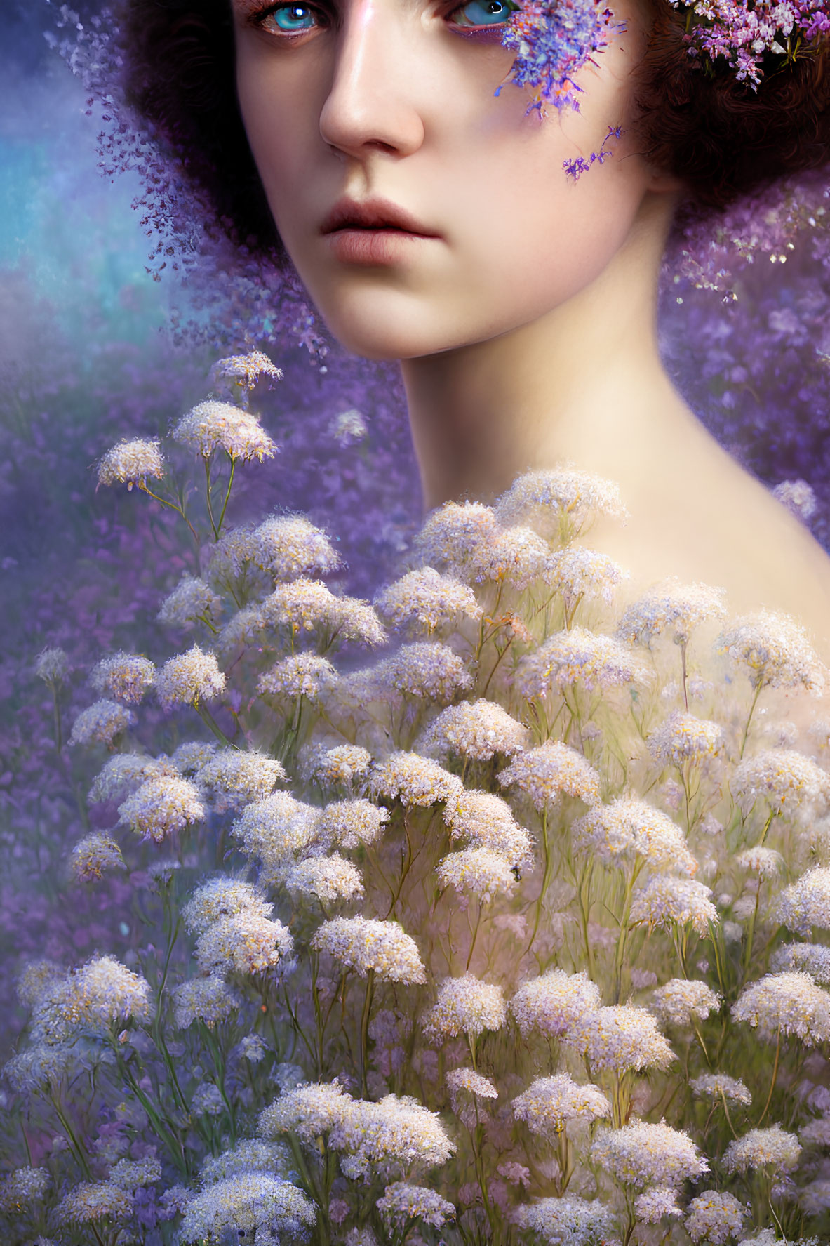 Digital art portrait featuring person with purple flowers in hair and background