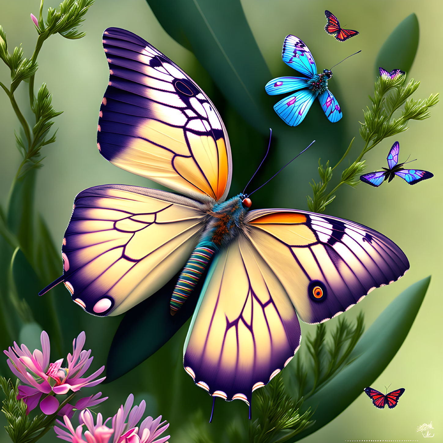 Colorful Digital Artwork: Butterflies and Flowers in Nature