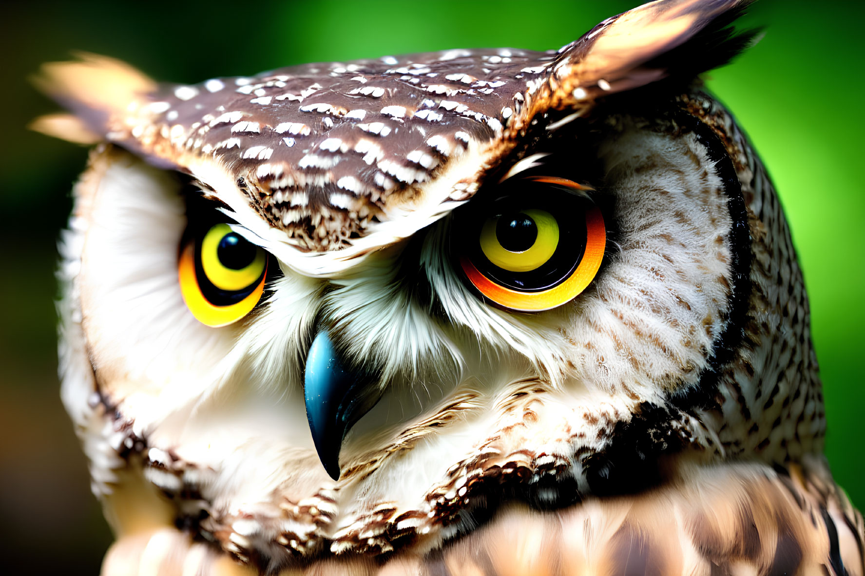 Detailed close-up of owl's intense yellow eyes, sharp beak, and intricate feathers.