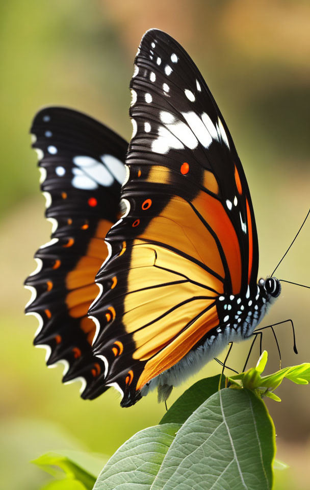 Colorful Butterfly with Orange, Black, and White Wings on Green Leaf