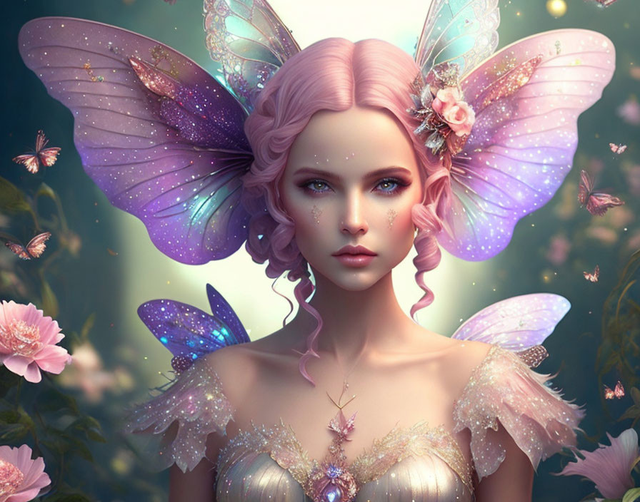 Fantasy fairy digital illustration with pink hair, colorful wings, flowers & butterflies