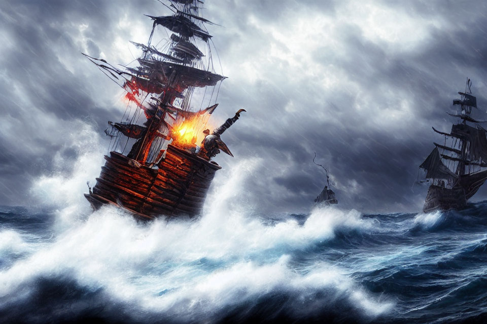 Stormy Seascape: Burning Ship in Rough Waters