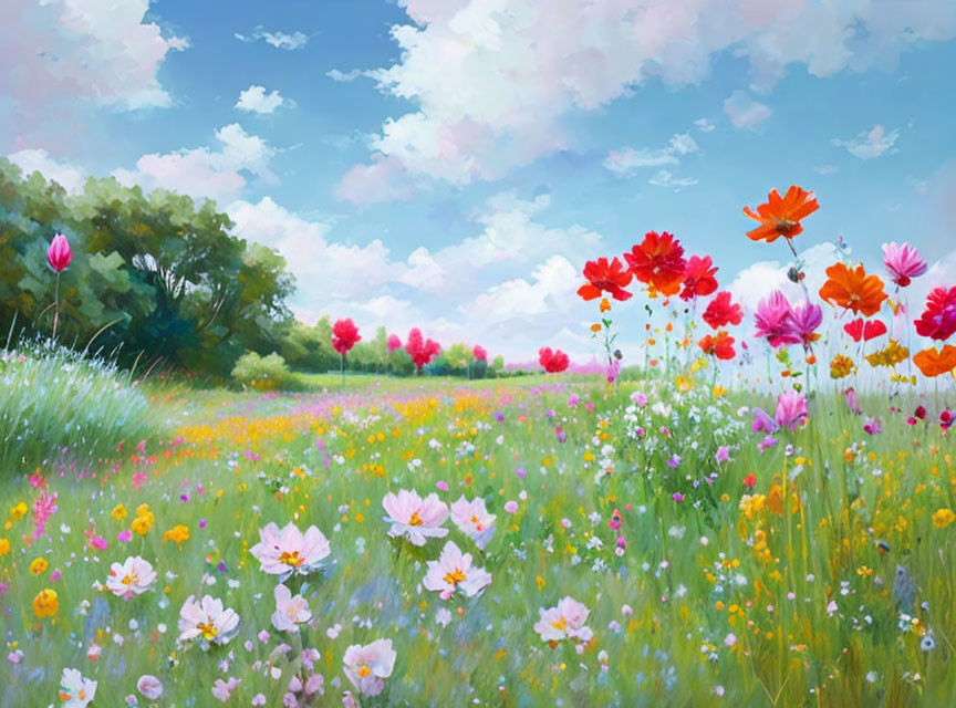 Colorful Flower Meadow Under Blue Sky with Dragonfly