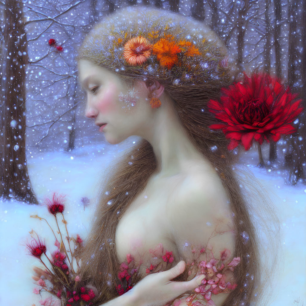 Woman with Floral Adornments in Snowy Winter Scene