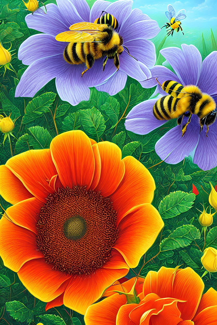 Colorful Bees Hovering Over Purple and Orange Flowers