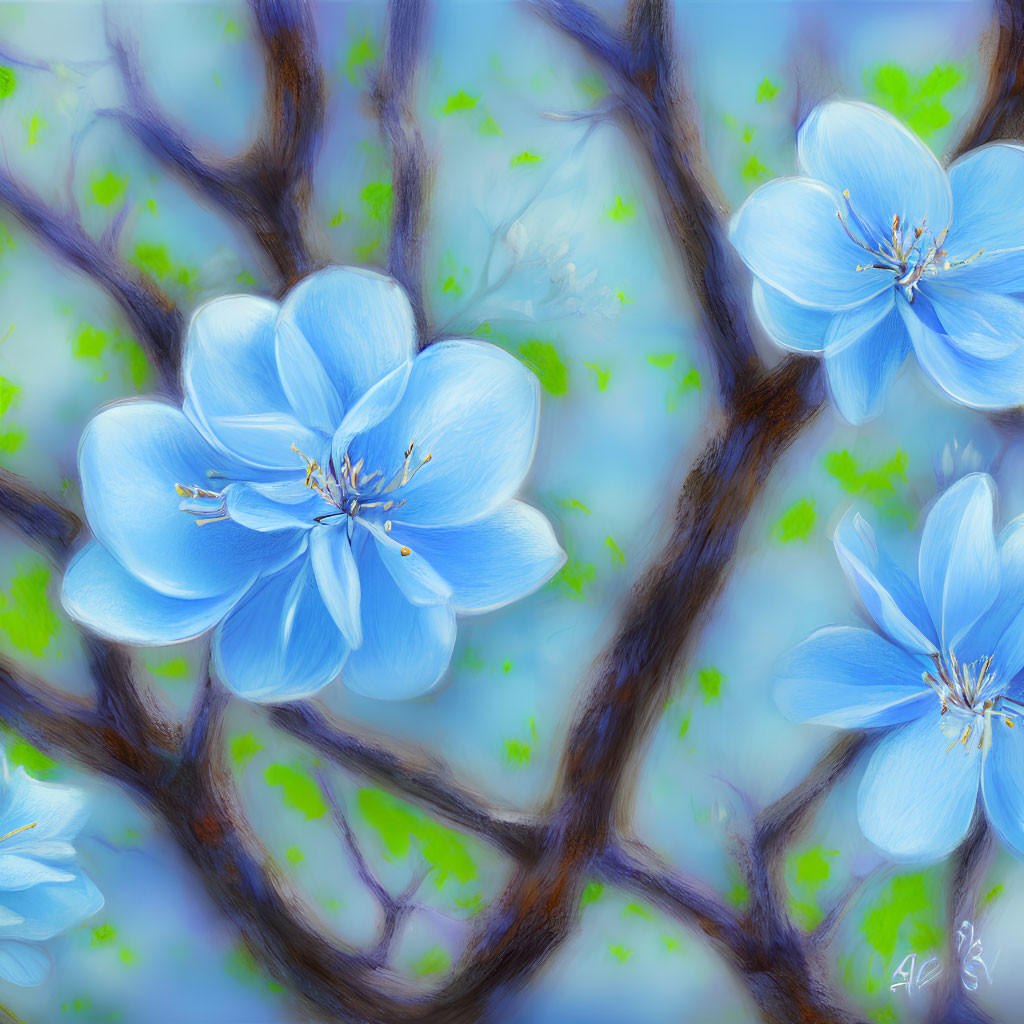 Detailed Blue Flowers on Brown Branches in Dreamy Background