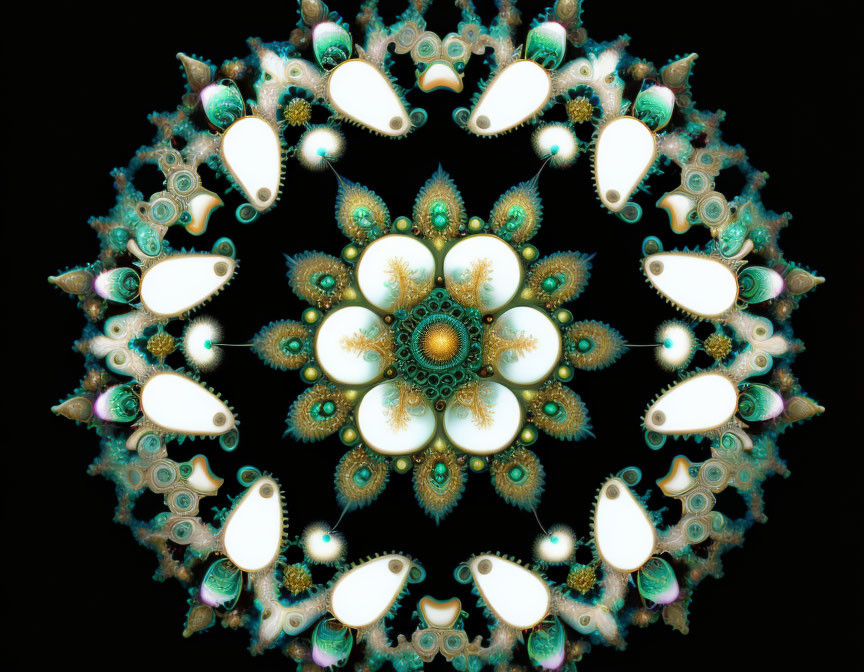 Symmetrical Floral Mandala Fractal Pattern in Blue, Green, and Beige Hues