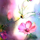 Pink blooms, greenery, and butterfly in soft background