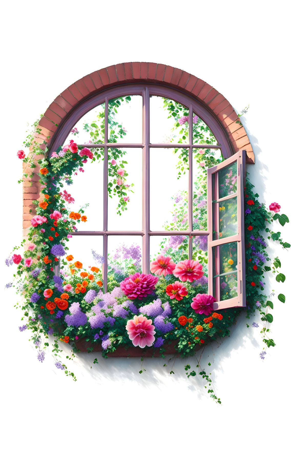Arched window with open sash amidst lush garden scene