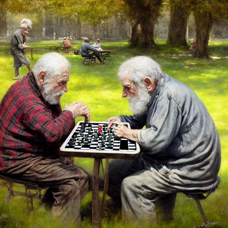 Elderly Men Playing Chess in Sunny Park
