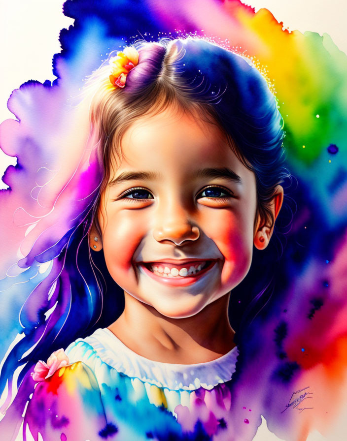 Colorful portrait of smiling girl with rainbow aura and flower pin