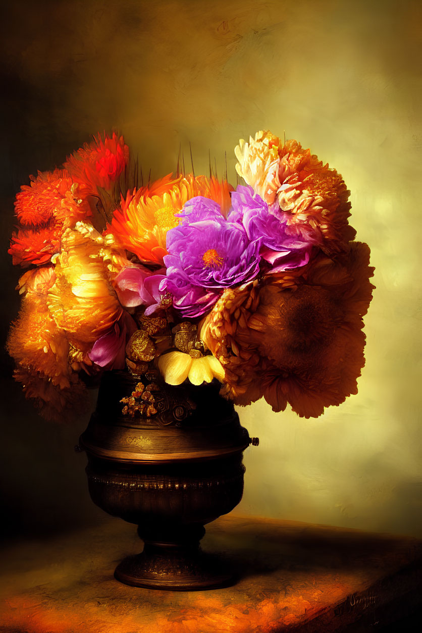 Colorful Flower Bouquet in Ornate Brown Vase on Golden Background