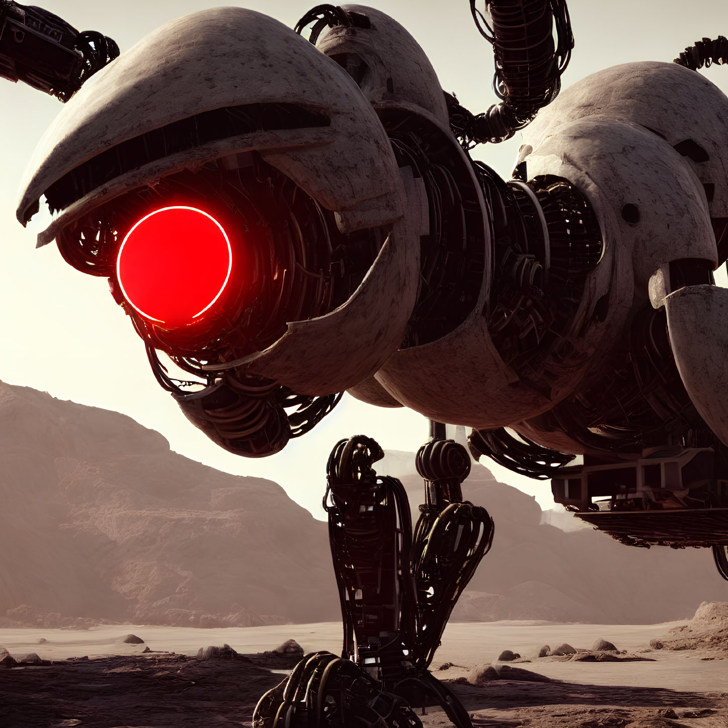 Weathered robot with glowing red eye in desolate landscape