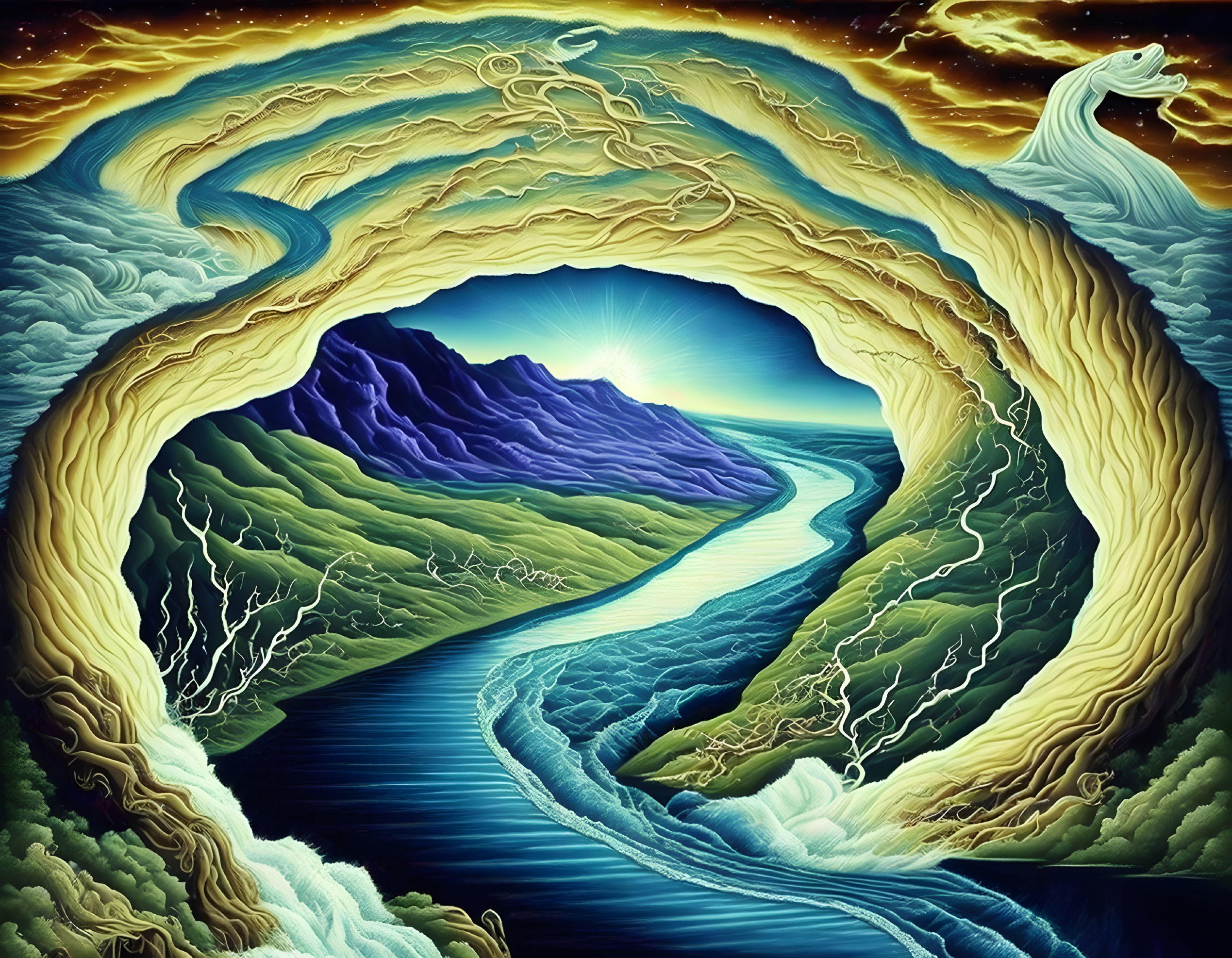 Surreal landscape with river, mountains, wave, lightning, and clouds