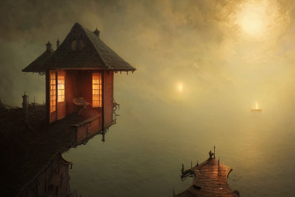 Illuminated Cottage on Stilts Over Water in Misty Golden Ambiance