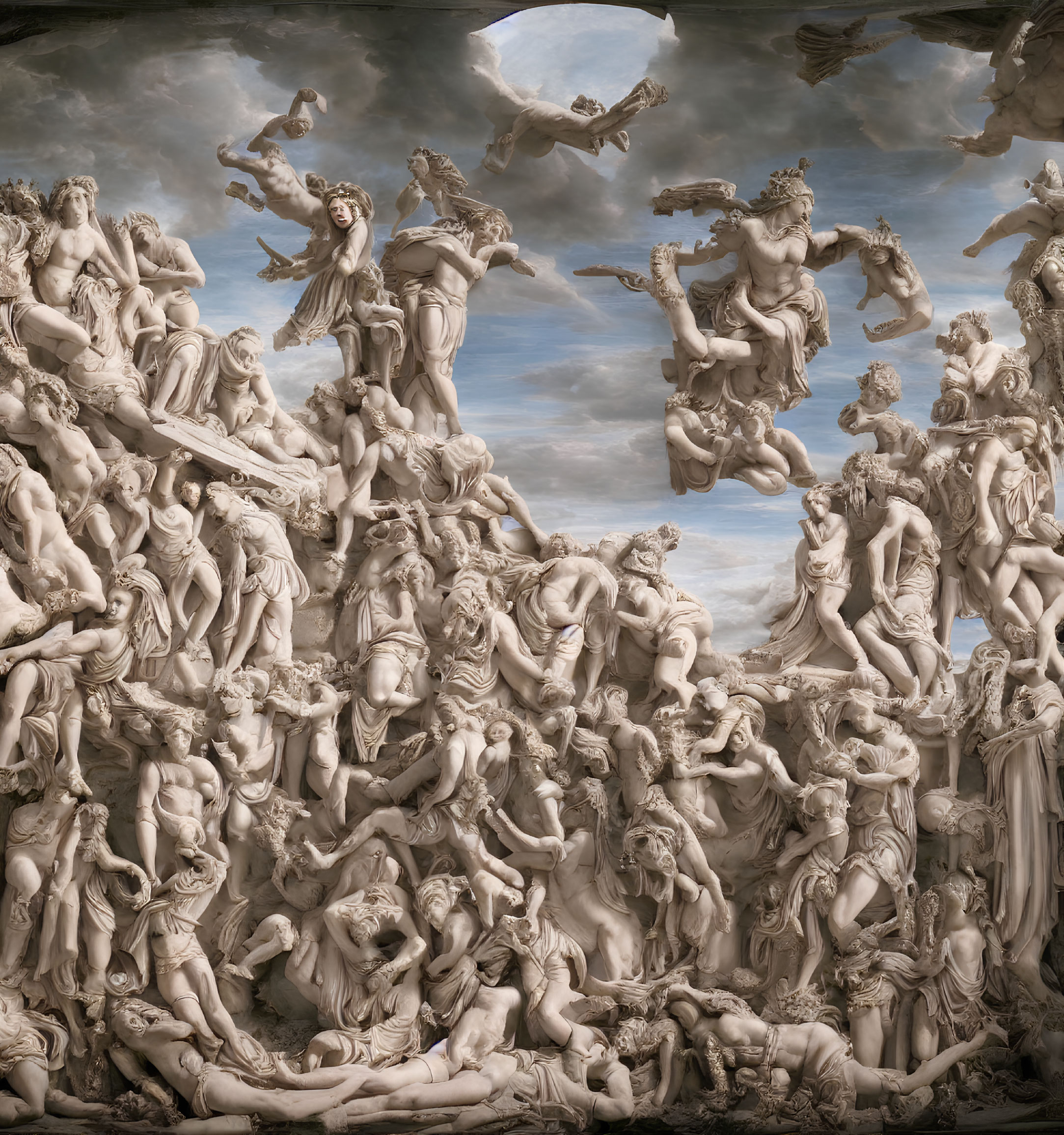 High-relief sculpture of classical mythology figures in dynamic poses against cloudy sky