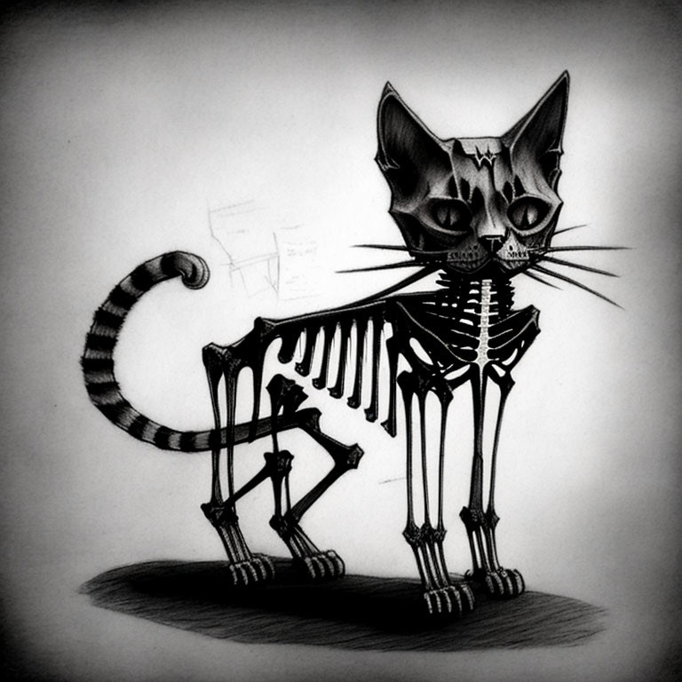 Detailed Monochrome Cat Skeleton Sketch with Striped Tail