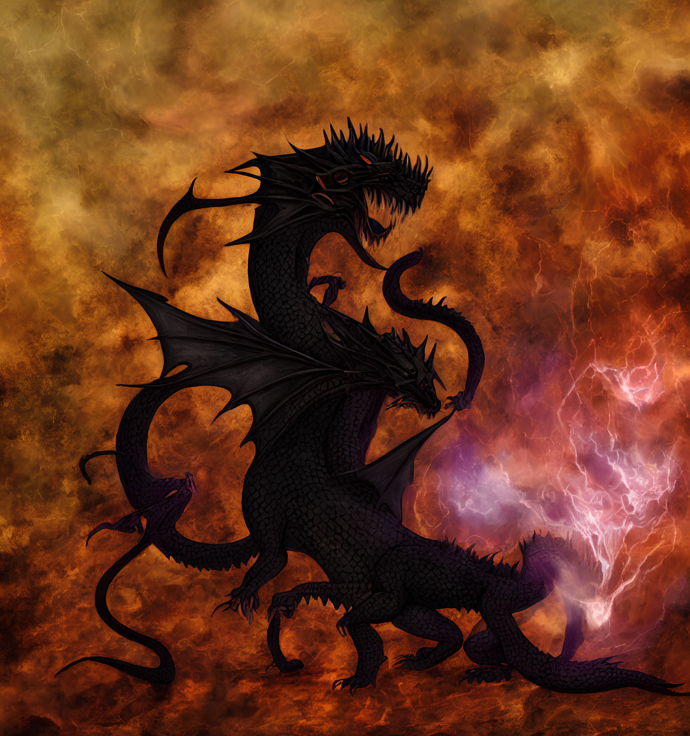 Black three-headed dragon with red eyes in fiery sky with purple clouds