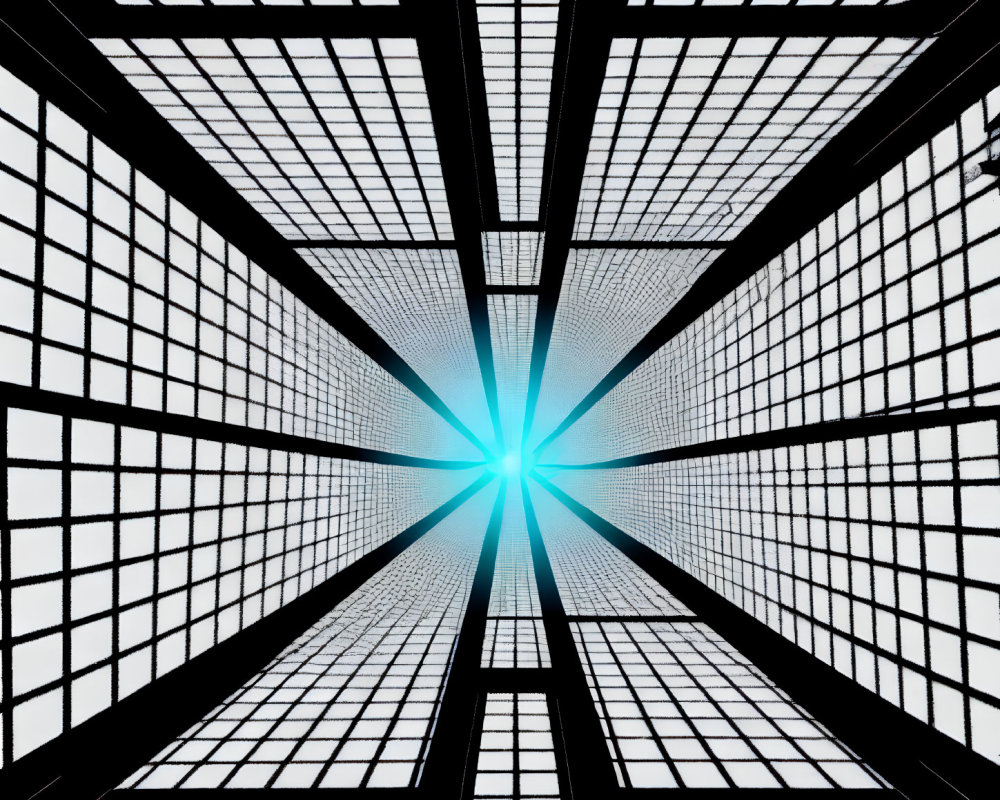 Geometric Tunnel with Bright Light and Grid Pattern on White Background