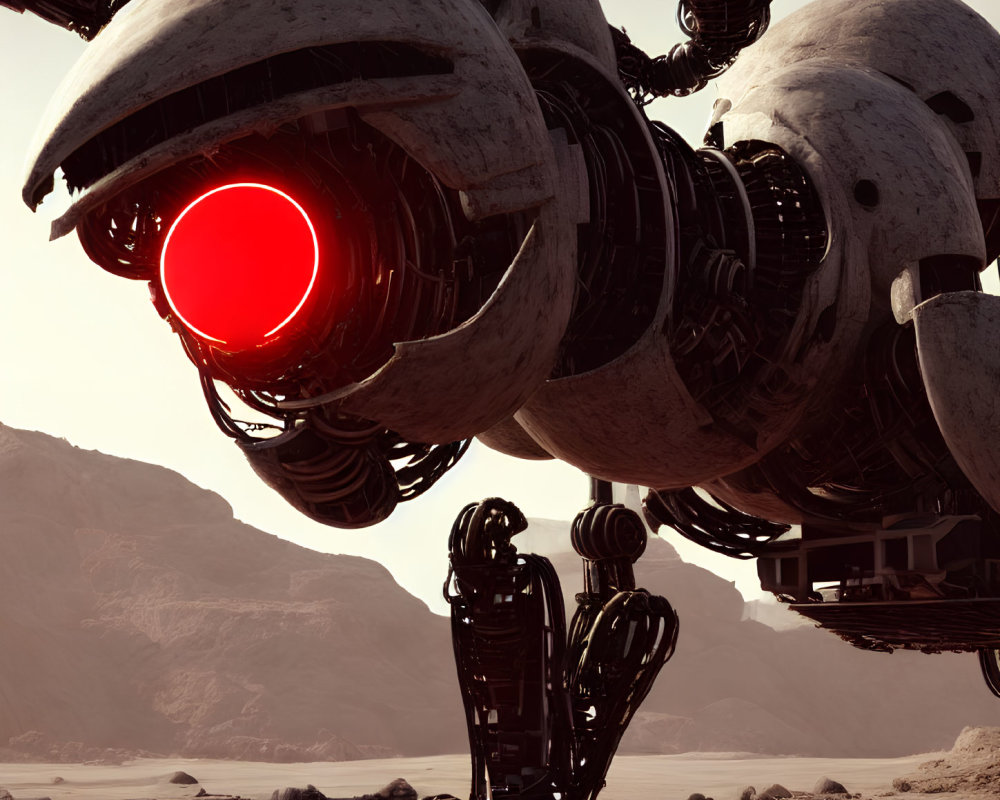 Weathered robot with glowing red eye in desolate landscape