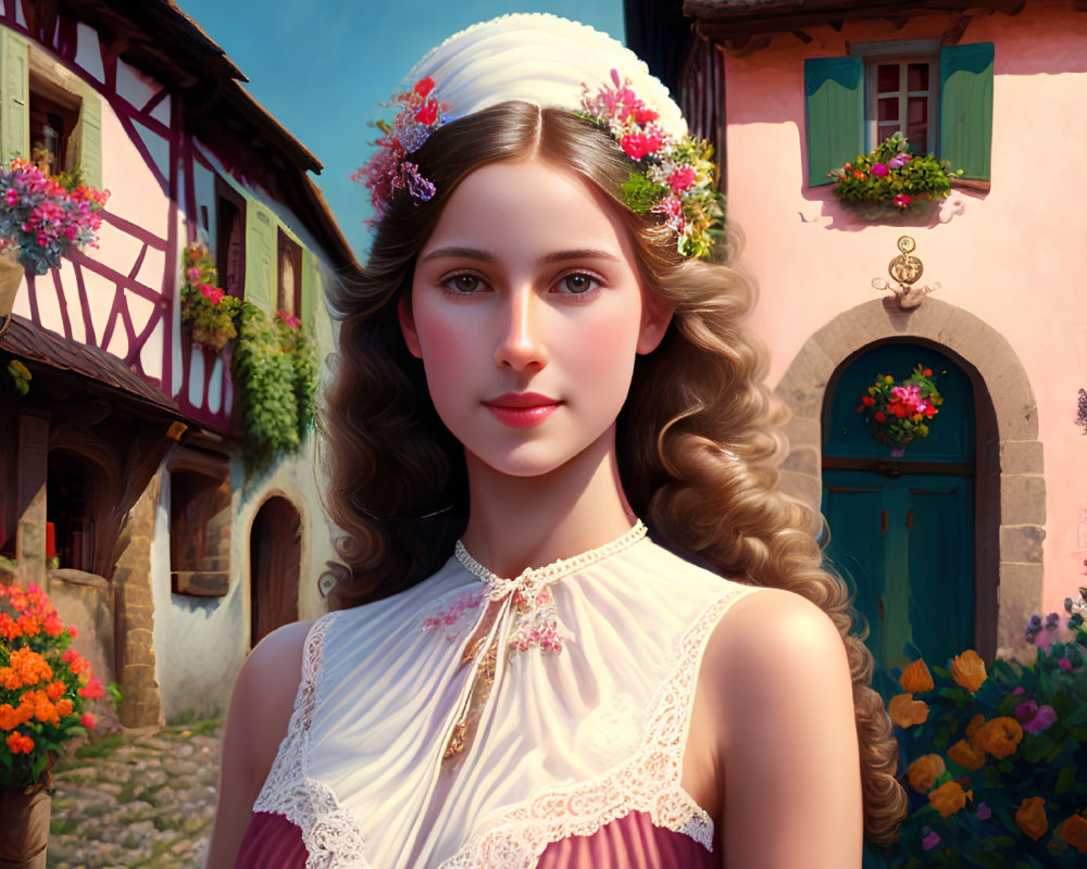 Digital painting of young woman in flower crown and vintage dress against European-style houses and vibrant flowers