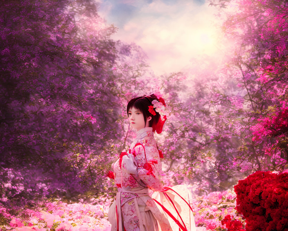 Person in traditional Asian attire surrounded by vibrant pink and purple flowering trees