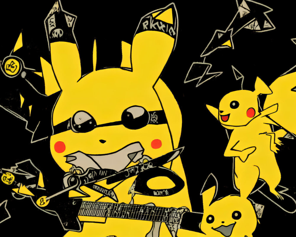 Multiple Pikachu characters in stylized illustration with one wearing glasses and playing guitar on chaotic black background.