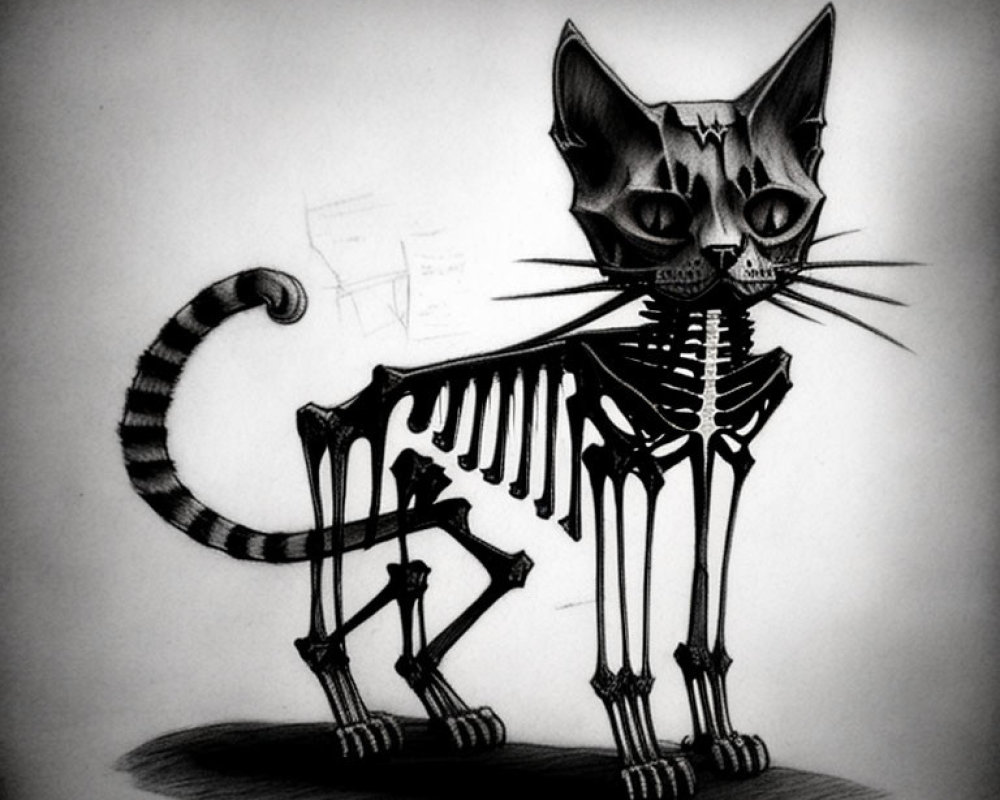 Detailed Monochrome Cat Skeleton Sketch with Striped Tail
