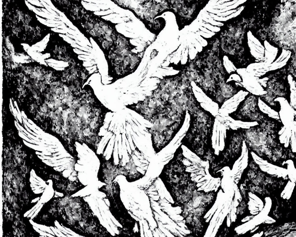 Monochrome artwork featuring flying doves on textured backdrop