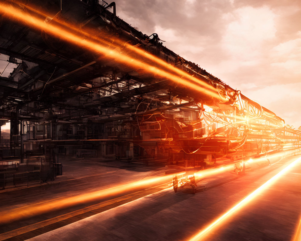 Futuristic train with glowing orange lines in dystopian industrial landscape
