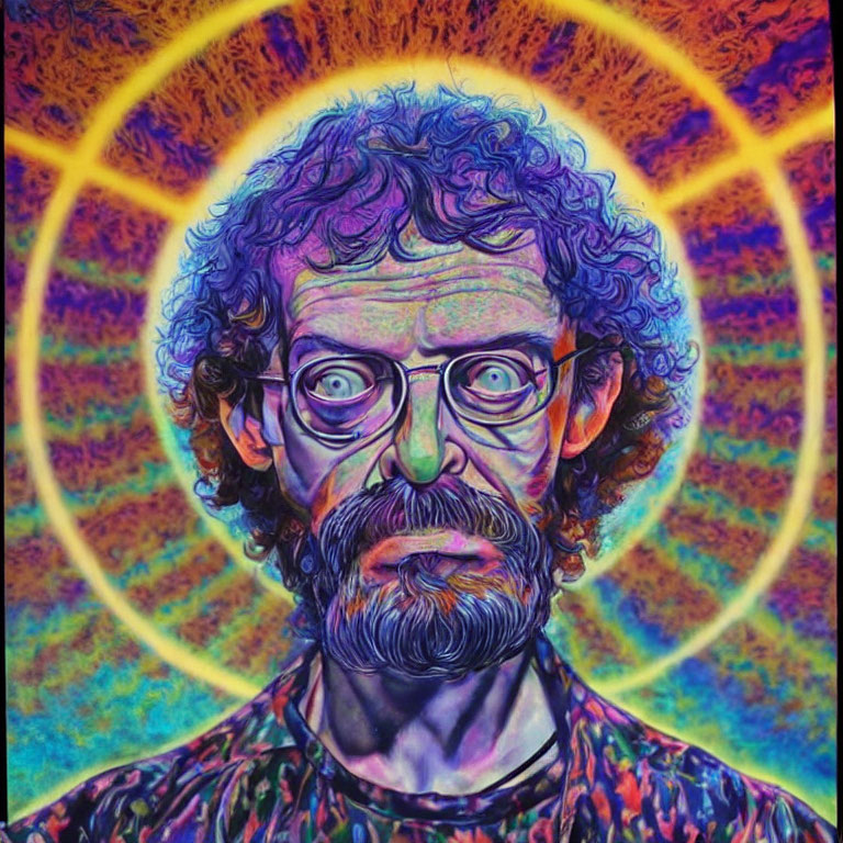Colorful Psychedelic Portrait of Man with Curly Hair, Glasses, and Beard
