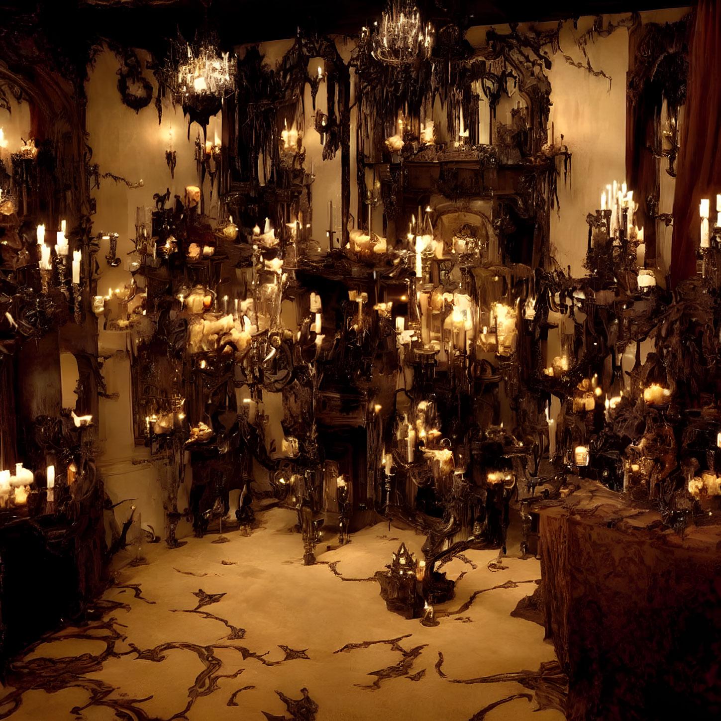 Eerie antique room with candles and baroque decor