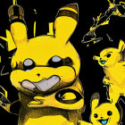 Multiple Pikachu characters in stylized illustration with one wearing glasses and playing guitar on chaotic black background.