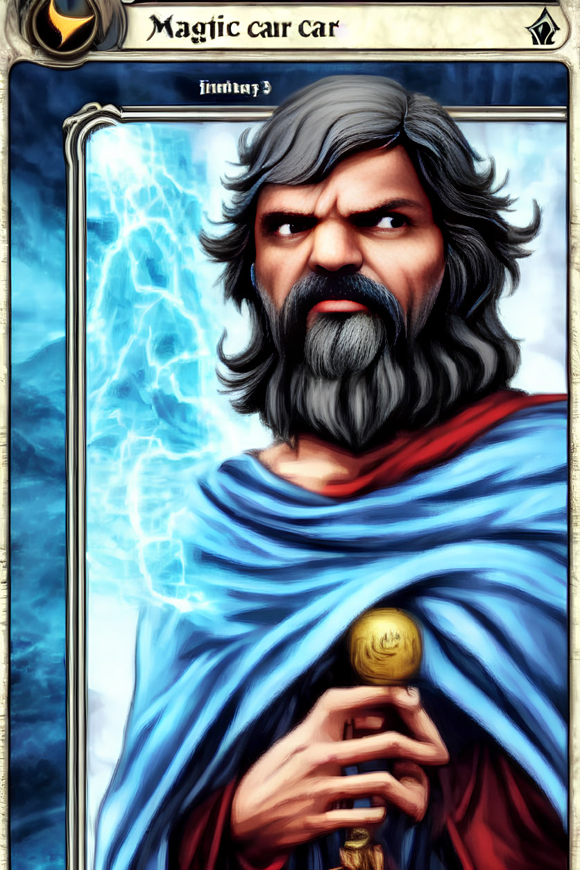 Detailed illustration of stern man with gray beard and blue cloak holding golden scepter.