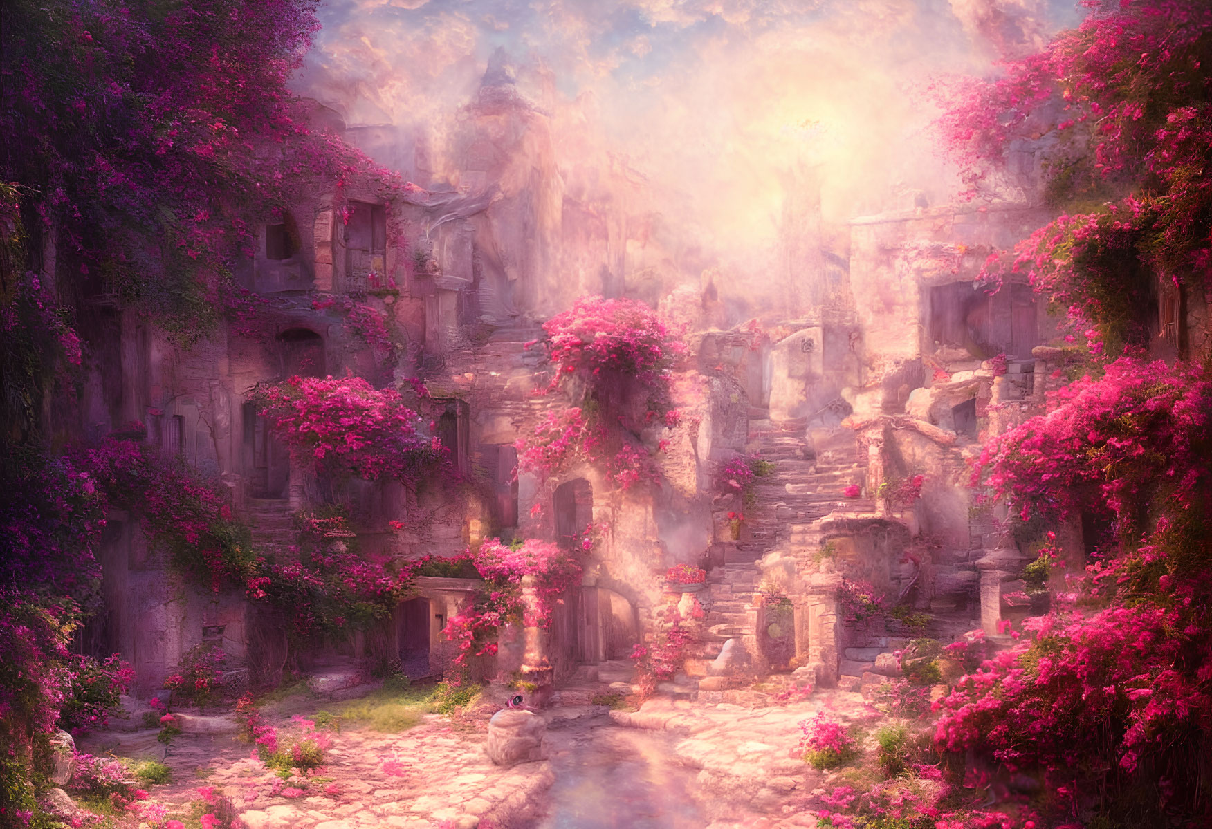 Pink-hued landscape with blossoming trees and ancient ruins in mysterious fog